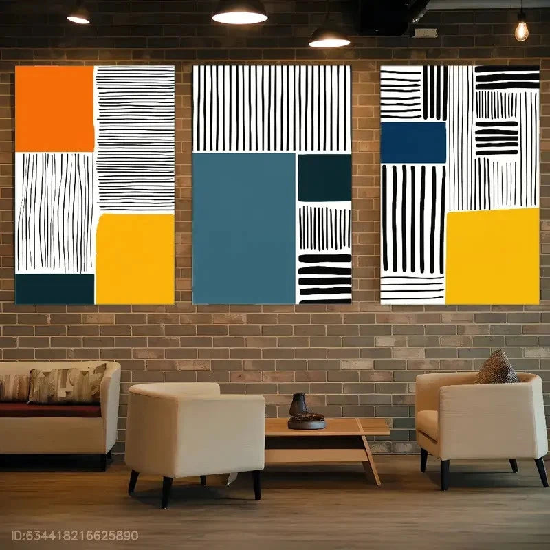 3pcs Color Blocks And Lines in Black Metal Print Ready to Hang Art - Bella Home Decor
