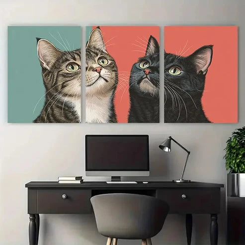 3pcs Couple Tabby Cats Portrait Retro Minimalist Wall Art Set Canvas Unframed - High Quality Print 100% Australian Made Wall Canvas
