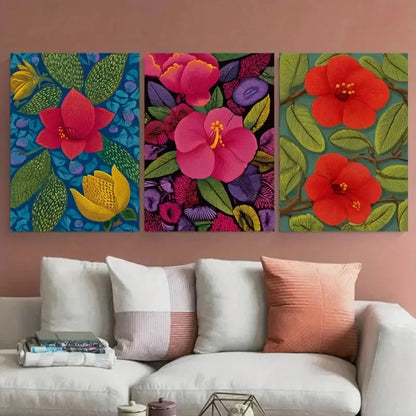3pcs Vintage Cali Colombia Floral Illustration Wall Art Set Canvas Framed 50x70cm - High Quality Print 100% Australian Made Wall Canvas Ready to Hang