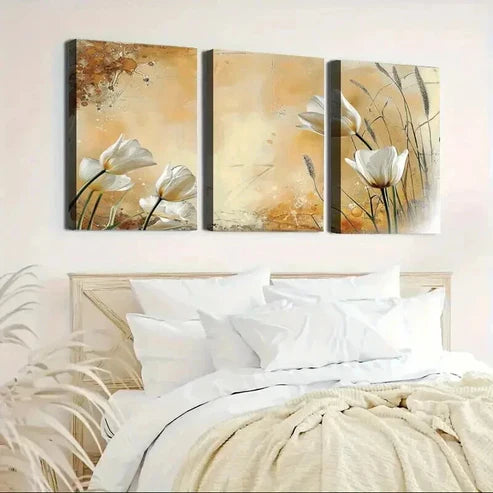 3pcs Elegant Floral White Tulip Paintings  Wall Art Canvas Unframed - High Quality Print 100% Australian Made Wall Canvas