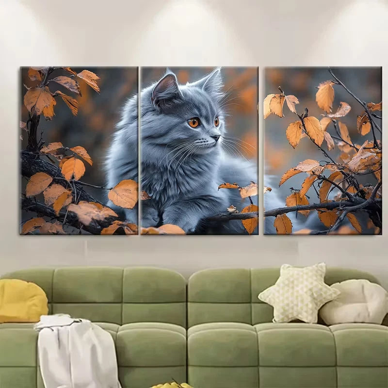 3pcs Fluffy Grey Cat Metal Print Ready to Hang Art - Bella Home Decor