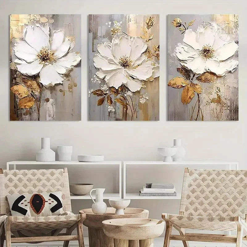 3pcs White Floral Oil Painting Metal Print Ready to Hang Art - Bella Home Decor