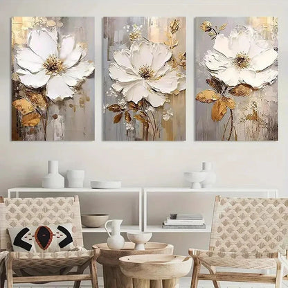 3pcs White Floral Oil Painting Metal Print Ready to Hang Art - Bella Home Decor