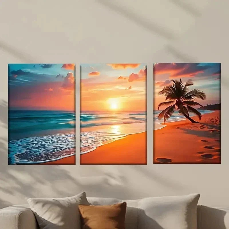 3pcs Beach with Palm Trees at Sunset Wall Art Set Canvas Framed 40x60cm - High Quality Print 100% Australian Made Wall Canvas Ready to Hang - Bella Home Decor