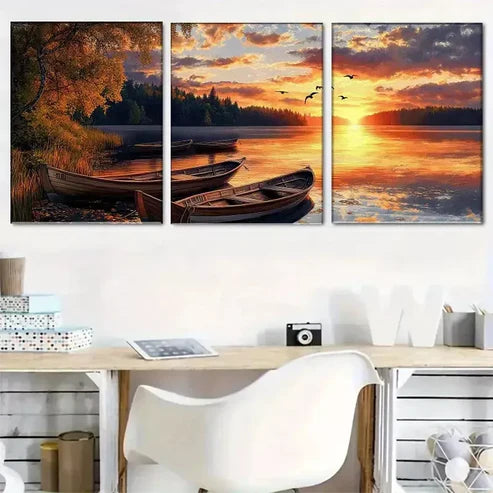 3pcs Beautiful Serene Lakeside Sunset Nature Wall Art Canvas Unframed - High Quality Print 100% Australian Made Wall Canvas - Bella Home Decor