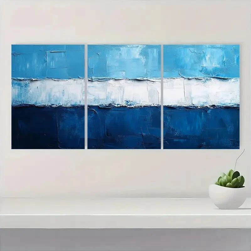 3pcs Blue and White Textured Abstract Metal Print Ready to Hang Art - Bella Home Decor