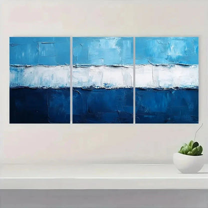3pcs Blue and White Textured Abstract Metal Print Ready to Hang Art - Bella Home Decor