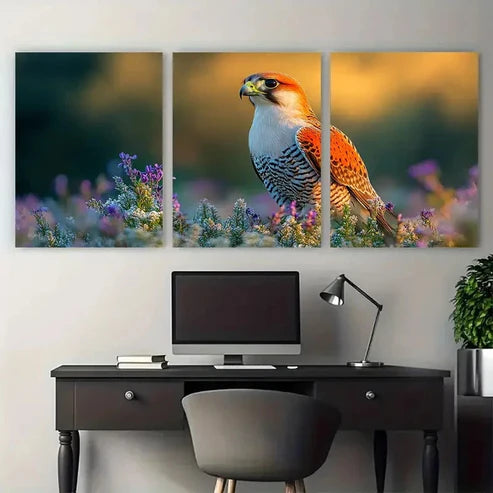 3pcs Red Footed Falcon in Grass Meadow with Floral Wall Art Canvas Unframed - High Quality Print 100% Australian Made Wall Canvas