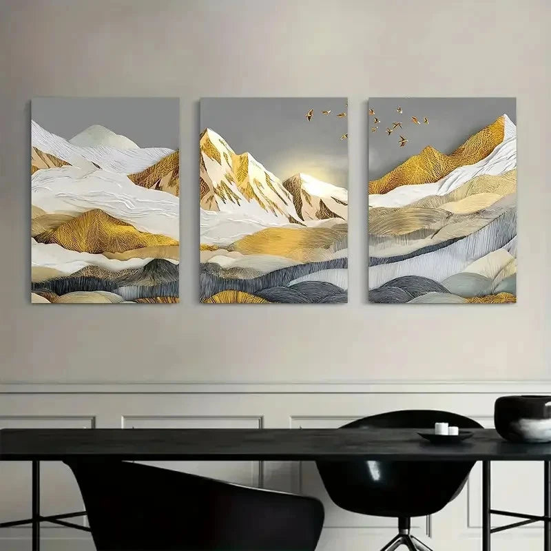 3pcs Golden and Silvery Foil Painting Metal Print Ready to Hang Art - Bella Home Decor