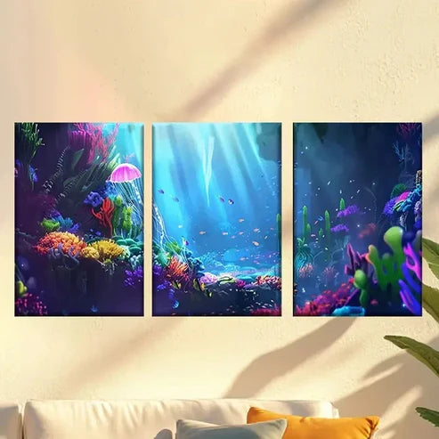 3pcs colorful aquarium with fish and corals Wall Art Canvas Unframed - High Quality Print 100% Australian Made Wall Canvas