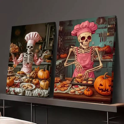 2pcs Food Art, Interesting Skeleton Art, Chefs Canvas Framed 50x75cm - High Quality Print 100% Australian Made Wall Canvas Ready to Hang - Bella Home Decor