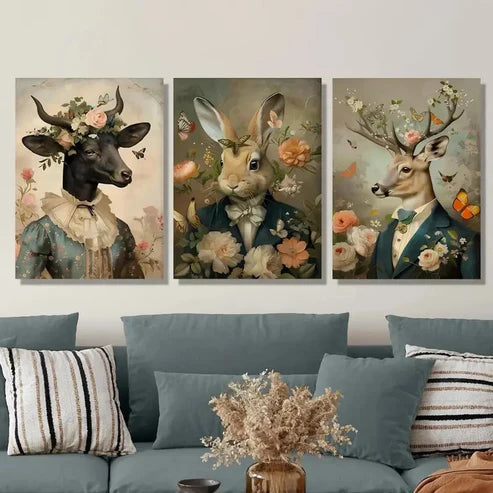 3pcs 2D Victorian Animal Portraits, Animal Wall Art Canvas Unframed - High Quality Print 100% Australian Made Wall Canvas - Bella Home Decor