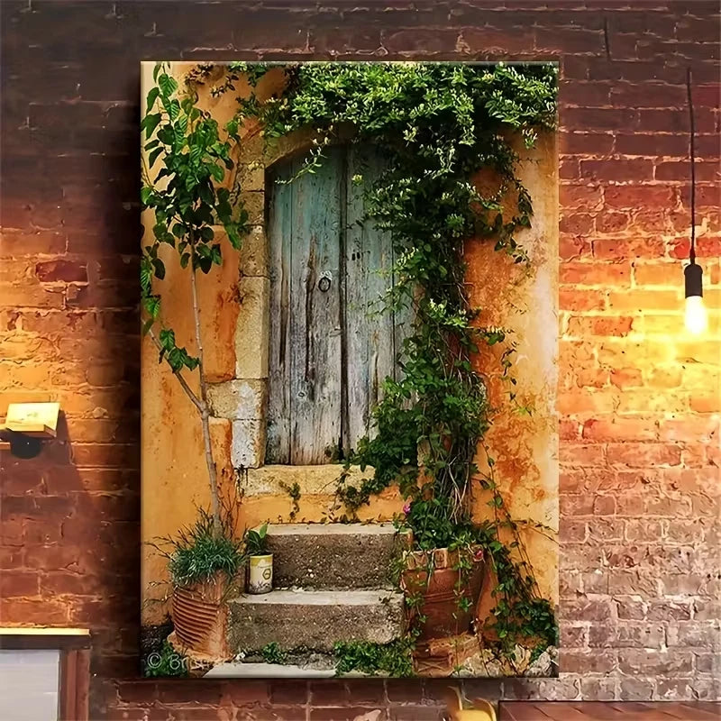 Charming Vine-Covered Door 60x90cm Metal Print Ready to Hang