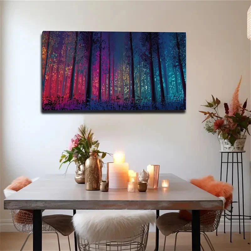 Vibrant Neon Colorful Forest Wall Art Canvas Office Home Room Framed 120x60cm