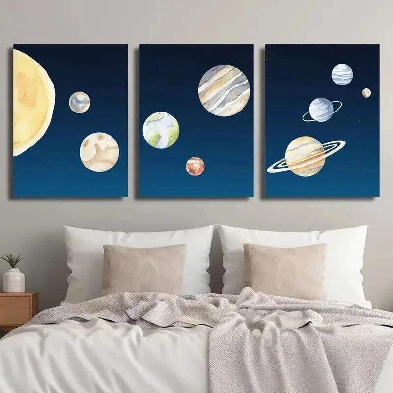 3pcs Navy Blue Starry Sky Planet Perfect Wall Art Set Canvas Framed 60x90cm - High Quality Print 100% Australian Made Wall Canvas Ready to Hang - Bella Home Decor