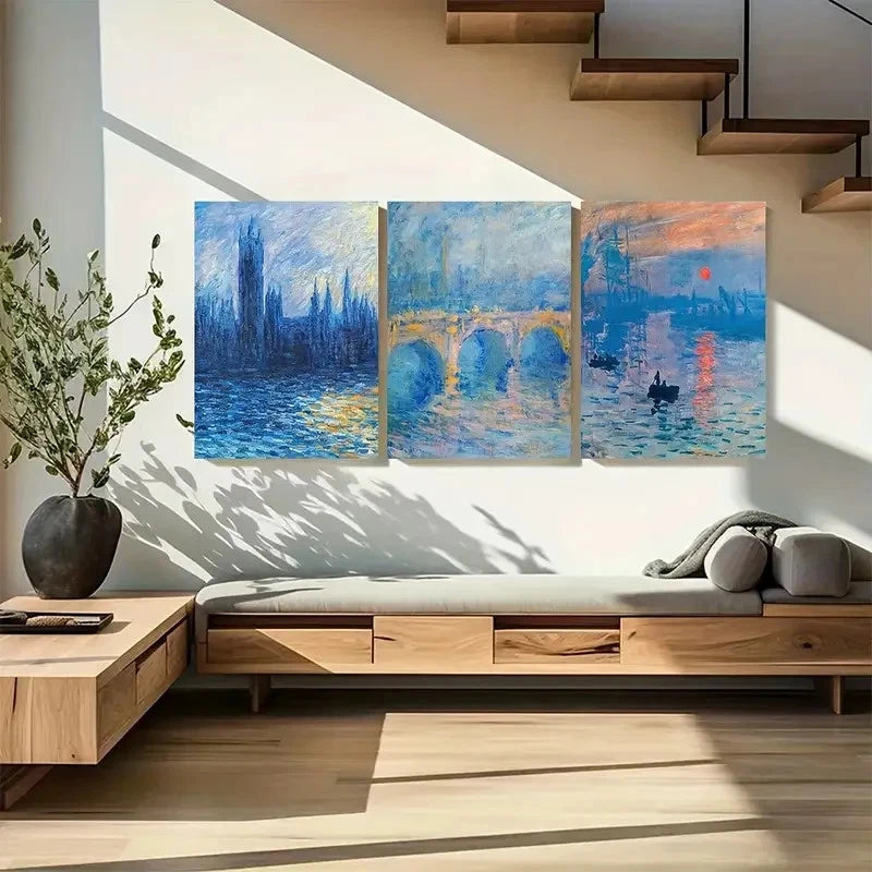 3pcs Claude Monet Vintage Blue Water Wall Art Metal Print Ready to Hang Art - Bella Home Decor