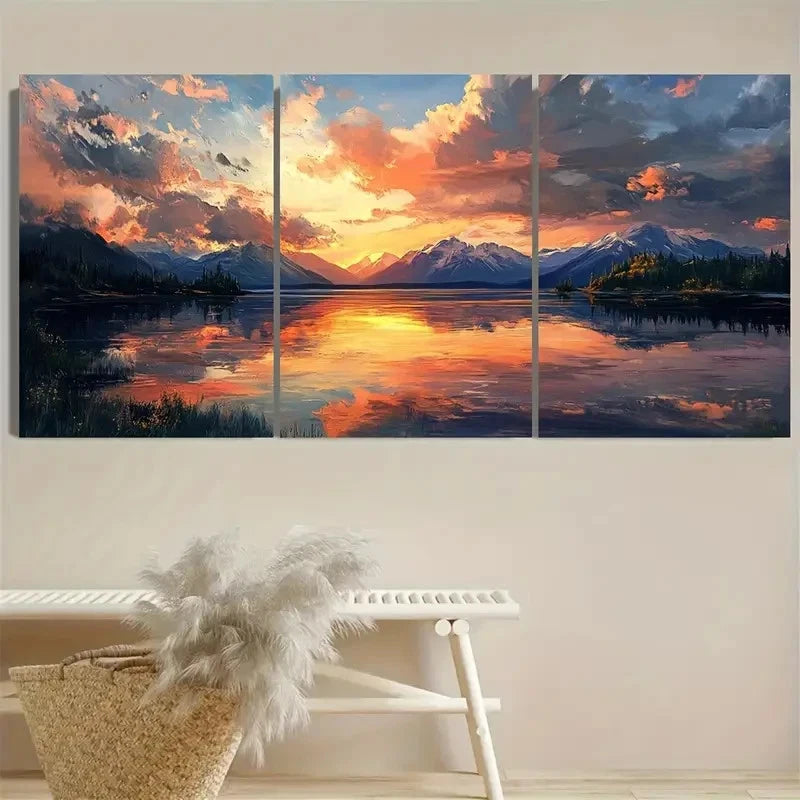 3pcs Dreamy Sunset Golden Lake Colorful Clouds Wall Art Set Canvas Framed 50x70cm - High Quality Print 100% Australian Made Wall Canvas Ready to Hang - Bella Home Decor