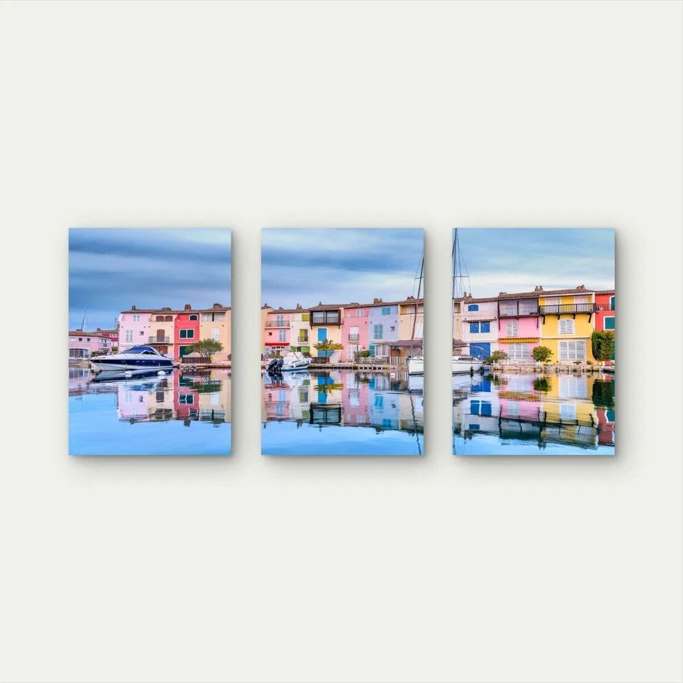 3pcs Harbor Reflections In Port Grimaud Wall Art Set Canvas Framed 40x60cm - High Quality Print 100% Australian Made Wall Canvas Ready to Hang
