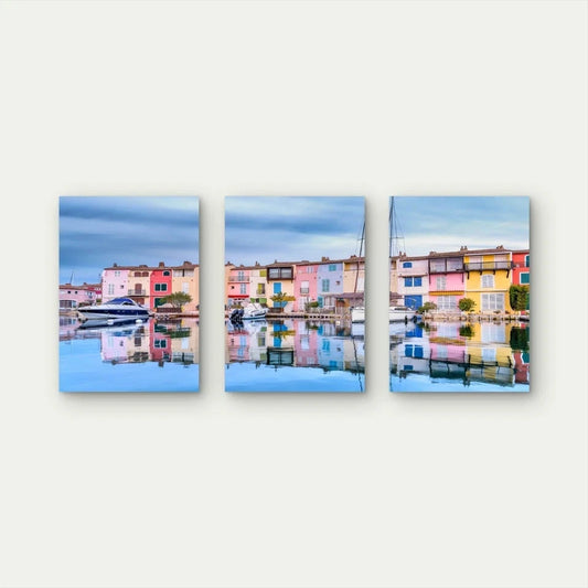 3pcs Harbor Reflections In Port Grimaud Wall Art Set Canvas Framed 40x60cm - High Quality Print 100% Australian Made Wall Canvas Ready to Hang