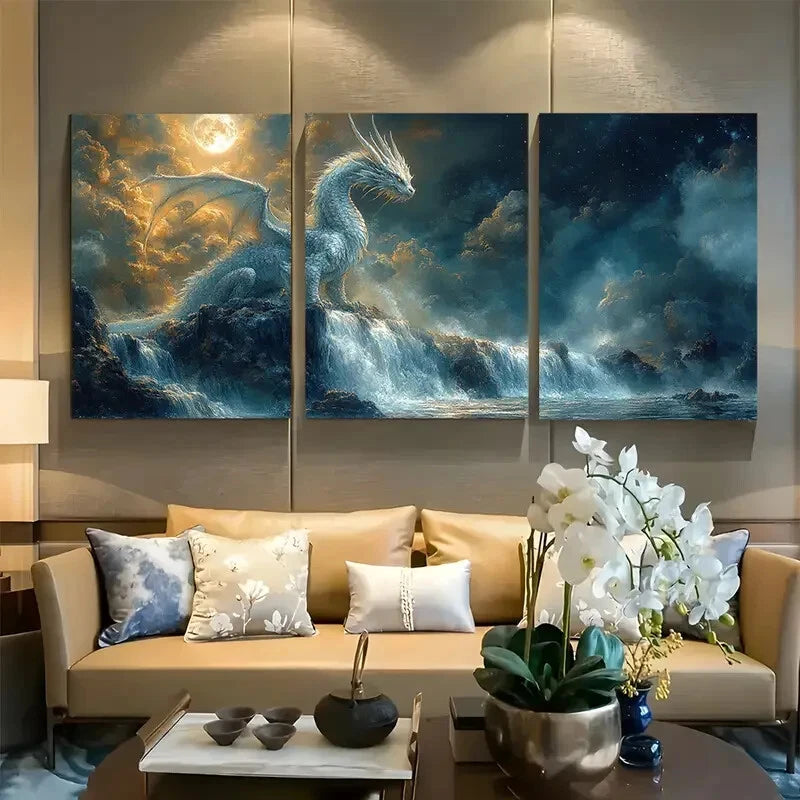 3pcs Mystical Dragon Perched Over Waterfall Metal Print Ready to Hang Art