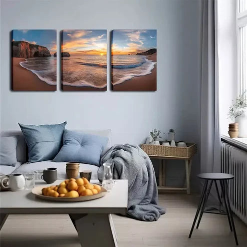 3pcs Stunning White Waves, Sea Level Sunset Wall Art Set Canvas Unframed - High Quality Print 100% Australian Made Wall Canvas