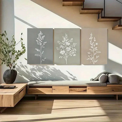 3pcs White Floral Silhouettes on Neutral Wall Art Metal Print Ready to Hang Art