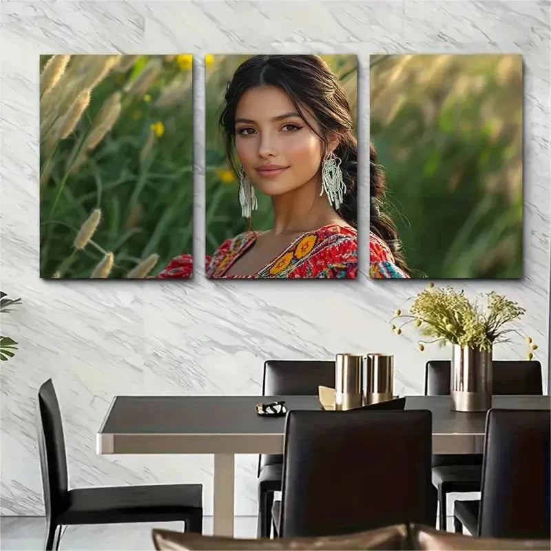 3pcs Vibrant Floral Portrait Girl Perfect Wall Art Set Canvas Framed 50x70cm - High Quality Print 100% Australian Made Wall Canvas Ready to Hang