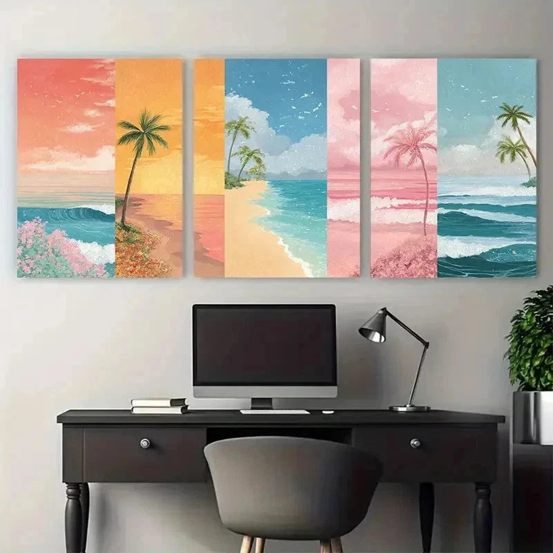 3pcs Continuous Beach Landscape Vibrant Perfect Wall Art Set Canvas Framed 50x70cm - High Quality Print 100% Australian Made Wall Canvas Ready to Hang - Bella Home Decor