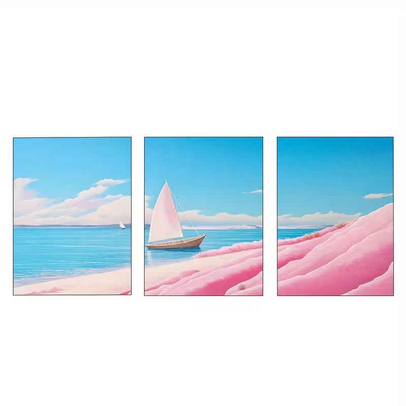 3pcs Sky Blue and Pink with Boat Abstract    Wall Art Set Canvas Framed 50x70cm - High Quality Print 100% Australian Made Wall Canvas Ready to Hang