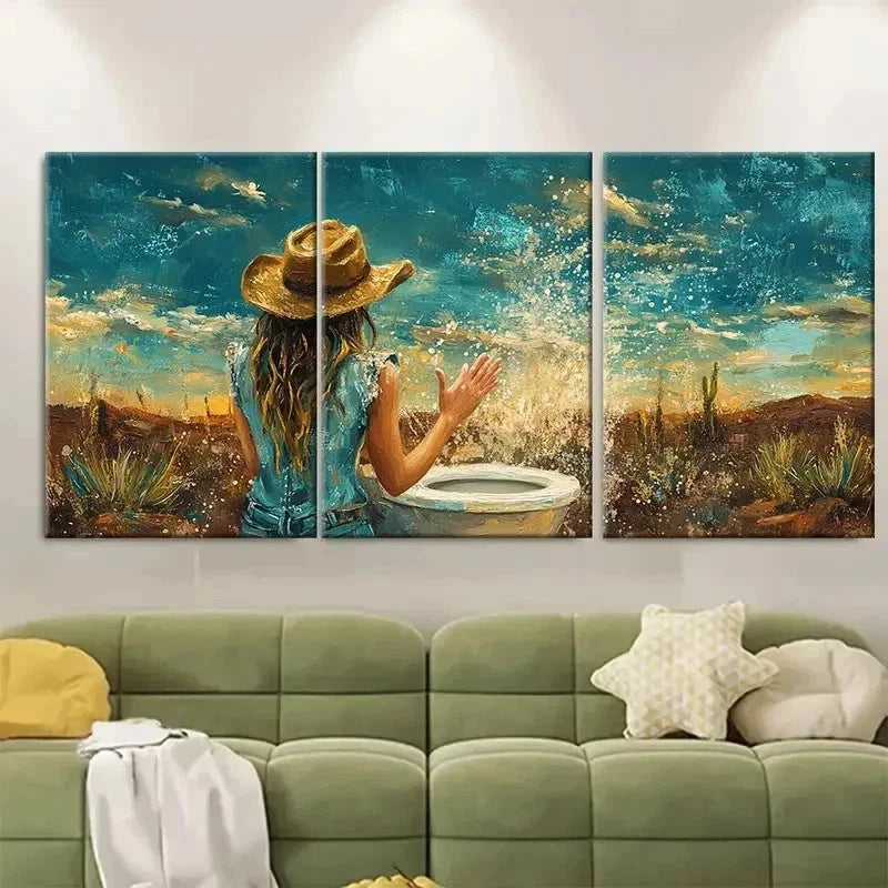 3pcs Cowgirl Bathroom Print Western FG    Wall Art Set Canvas Framed 60x90cm - High Quality Print 100% Australian Made Wall Canvas Ready to Hang - Bella Home Decor