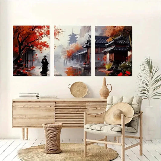 3pcs Vibrant Autumn Scenes with Red Trees & Foggy Metal Print Ready to Hang Art