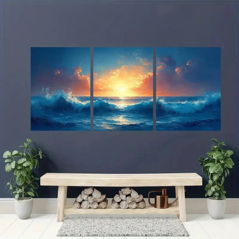 3pcs Abstract Blue Ocean Seascape Oil Paintings Metal Print Ready to Hang Art - Bella Home Decor