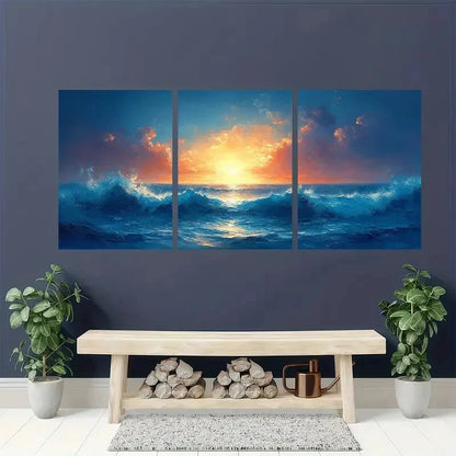 3pcs Abstract Blue Ocean Seascape Oil Paintings Metal Print Ready to Hang Art - Bella Home Decor
