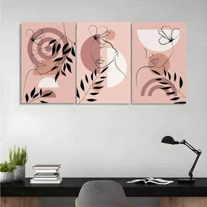 3pcs Abstract Women Portrait with Floral Element Metal Print Ready to Hang Art - Bella Home Decor