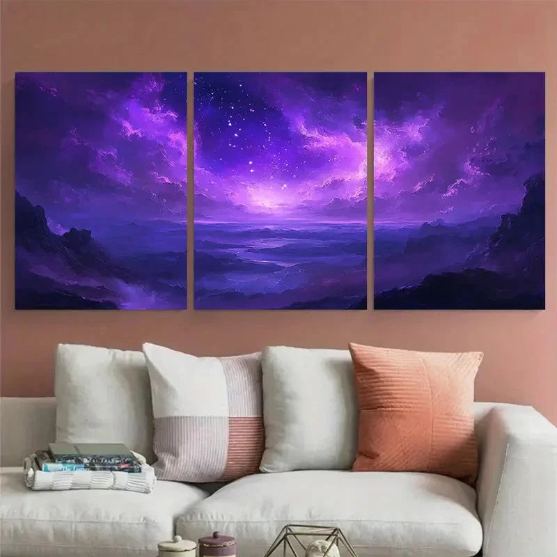 3pcs Elegant 'Starry Dreams' Abstract Purple Sky Wall Art Set Canvas Framed 60x90cm - High Quality Print 100% Australian Made Wall Canvas Ready to Hang