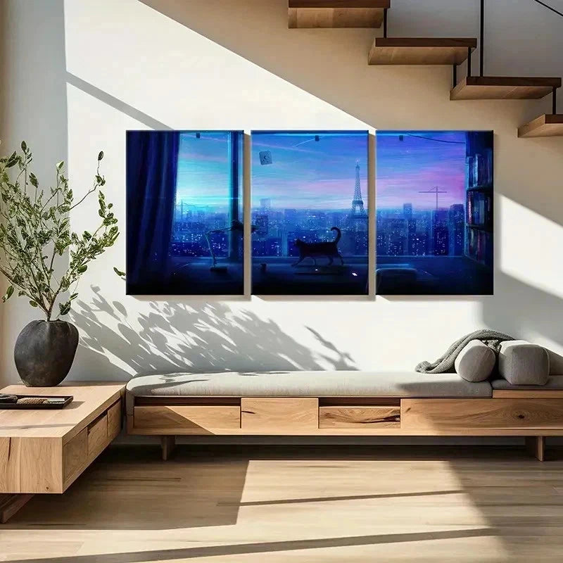 3pcs City Night Scene Tower & Cat Near Window Wall Art Set Canvas Framed 50x70cm - High Quality Print 100% Australian Made Wall Canvas Ready to Hang - Bella Home Decor