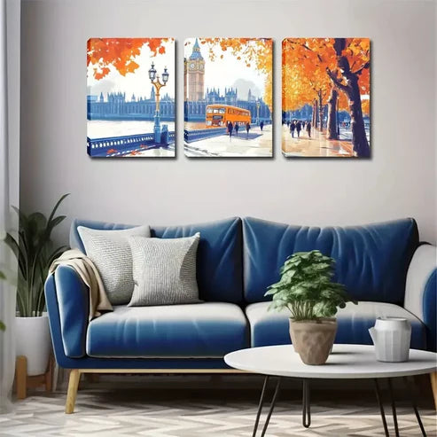 3pcs Romantic Autumn London Street Wall Art Canvas Unframed - High Quality Print 100% Australian Made Wall Canvas