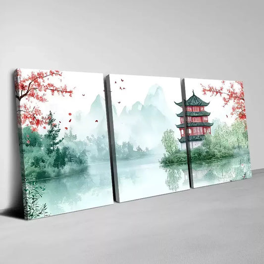 3pcs Traditional Chinese Landscape with Pagoda Art Set Canvas Framed 50x70cm - High Quality Print 100% Australian Made Wall Canvas Ready to Hang