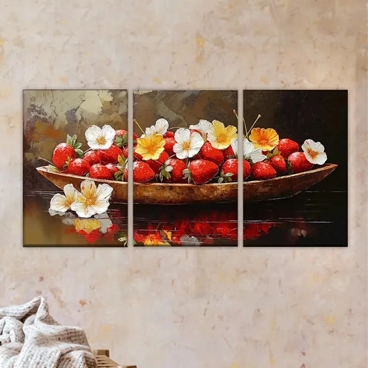 3pcs a painting of strawberries and flowers Wall Art Set Canvas Framed 60x90cm - High Quality Print 100% Australian Made Wall Canvas Ready to Hang