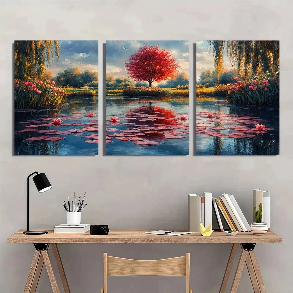 3pcs Giverny Botanical Countryside Water Lily Pond Metal Print Ready to Hang Art - Bella Home Decor