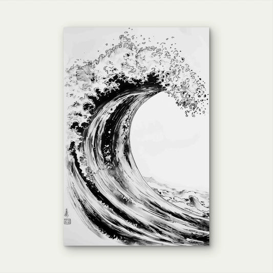 Black White Ink Painting Wave 40x60cm Metal Print Ready to Hang