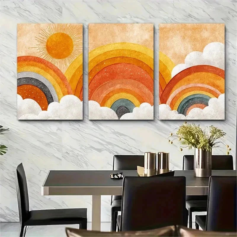 3pcs Nursery Sun Boho Rainbow Playroom Perfect Wall Art Set Canvas Framed 50x70cm - High Quality Print 100% Australian Made Wall Canvas Ready to Hang
