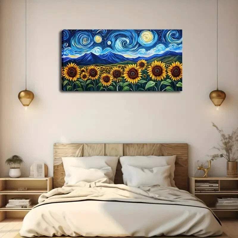 Beautiful Starry Sky Sunflowers Wall Art Canvas Office Home Room Framed 120x60cm - Bella Home Decor