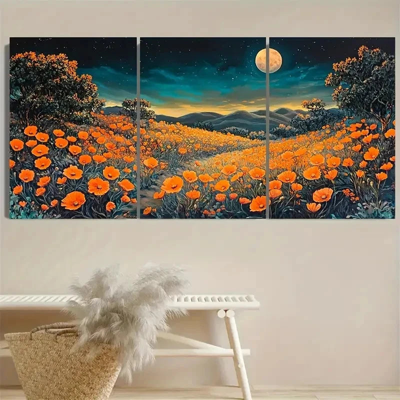 3pcs Fox Moonlit Floral Art, Orange Wall Art Set Canvas Framed 40x60cm - High Quality Print 100% Australian Made Wall Canvas Ready to Hang - Bella Home Decor