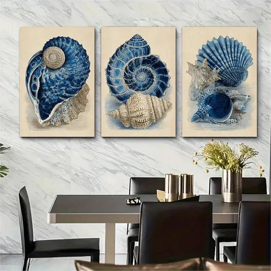 3pcs Blue Vintage Seashell Ocean Perfect Wall Art Set Canvas Framed 50x70cm - High Quality Print 100% Australian Made Wall Canvas Ready to Hang