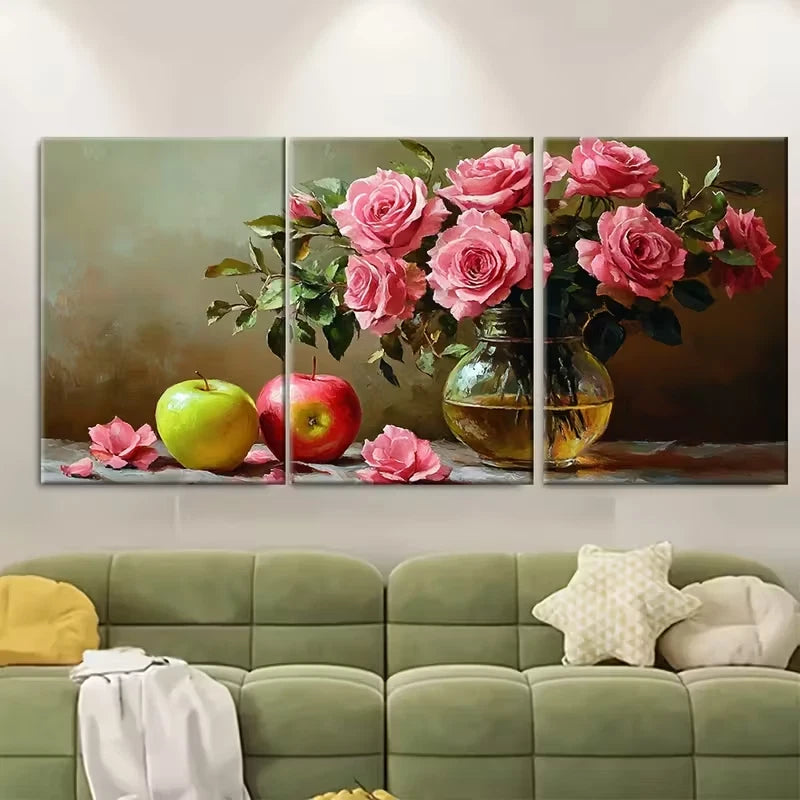 3pcs Still Life with Flowers and Apple Metal Print Ready to Hang Art