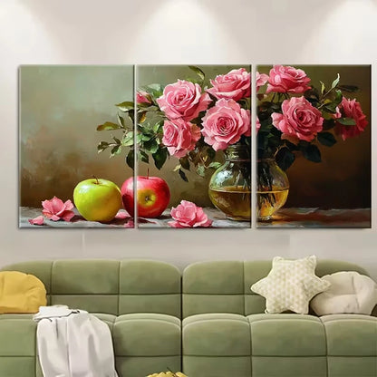 3pcs Still Life with Flowers and Apple Metal Print Ready to Hang Art