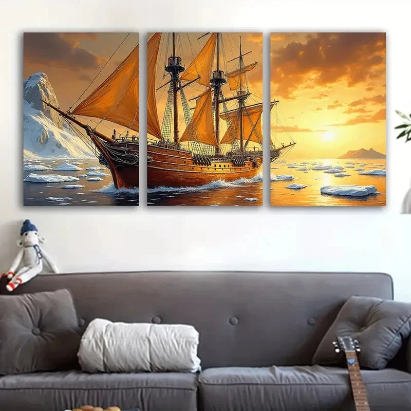 3pcs Sailing Ship Sunset Triptych Marine Art Wall Art Set Canvas Framed 50x70cm - High Quality Print 100% Australian Made Wall Canvas Ready to Hang