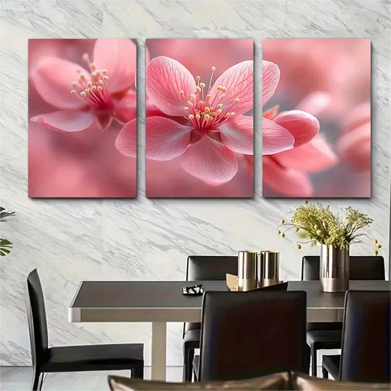 3pcs Delicate Pink Floral Macro Metal Print Ready to Hang Art - Bella Home Decor