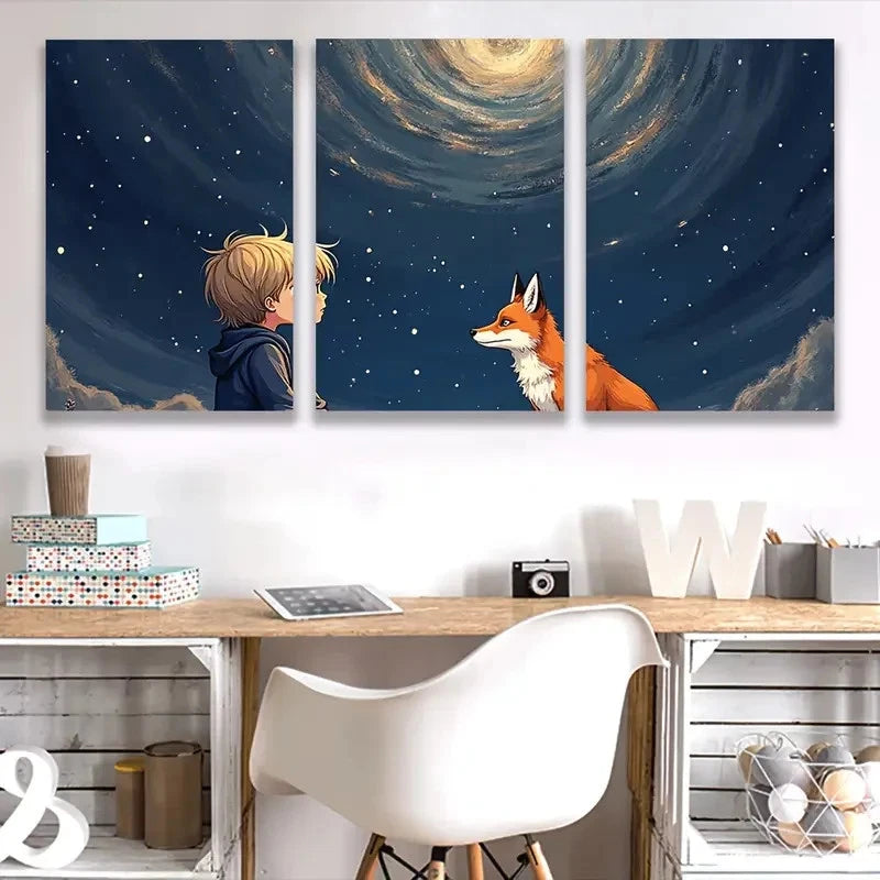 3pcs The Boy Sat with The Fox Q Wall Art Set Canvas Framed 40x60cm - High Quality Print 100% Australian Made Wall Canvas Ready to Hang